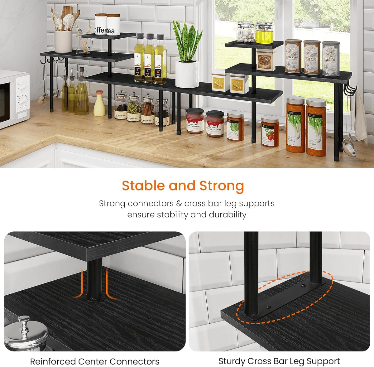 Homode Bathroom Counter Organizer Corner Shelf, Kitchen Countertop Organizer, 3 Tier Wood Counter Shelf Stand for Over the Sink, Coffee Station, Desktop, Black