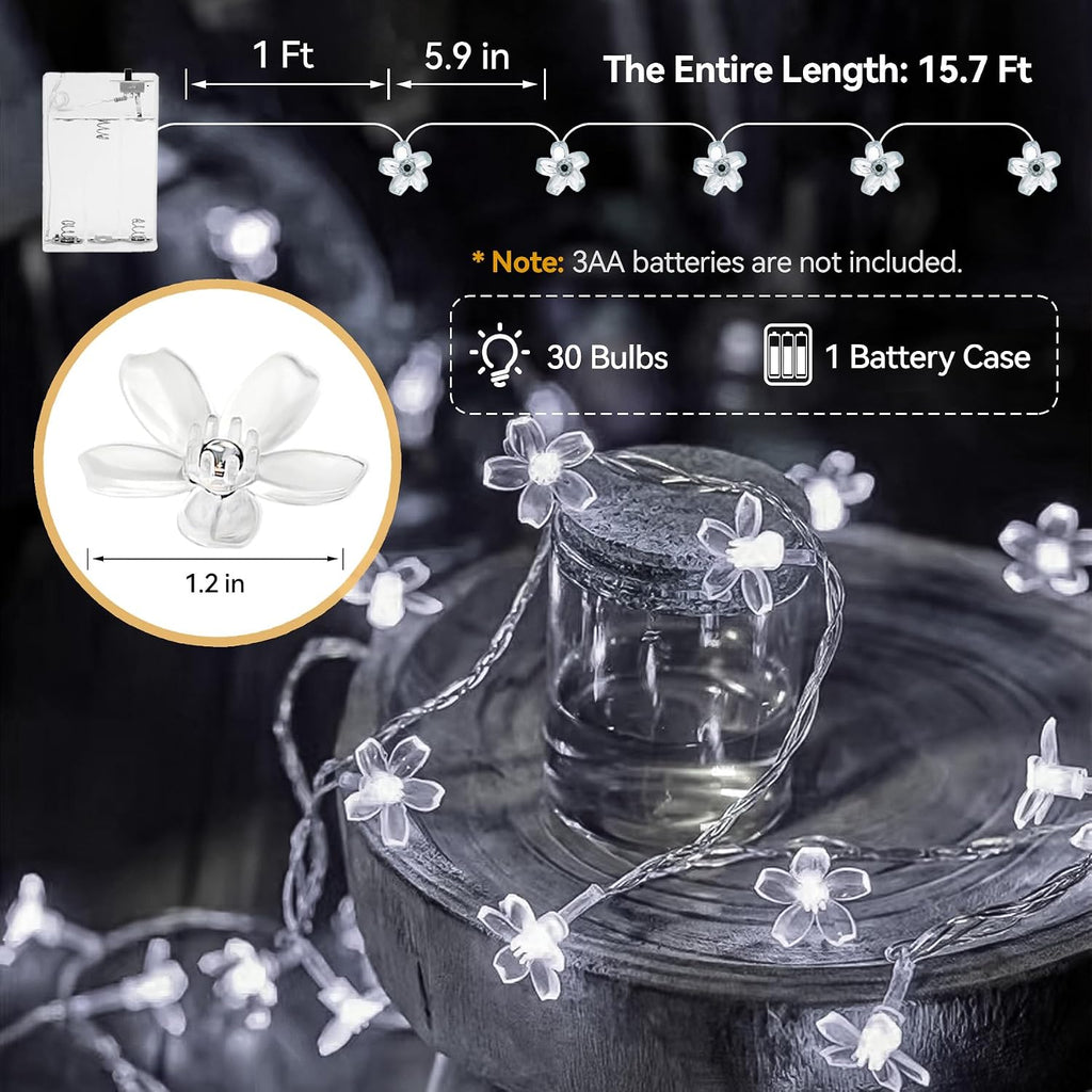 LIGHTOP Flower Fairy Light Battery Operated Indoor String Lights 30LED Cherry Blossom Lights Waterproof Decoration for Camping,Garden Fence,Birthday,Wedding Party,Bedroom （Cool White）