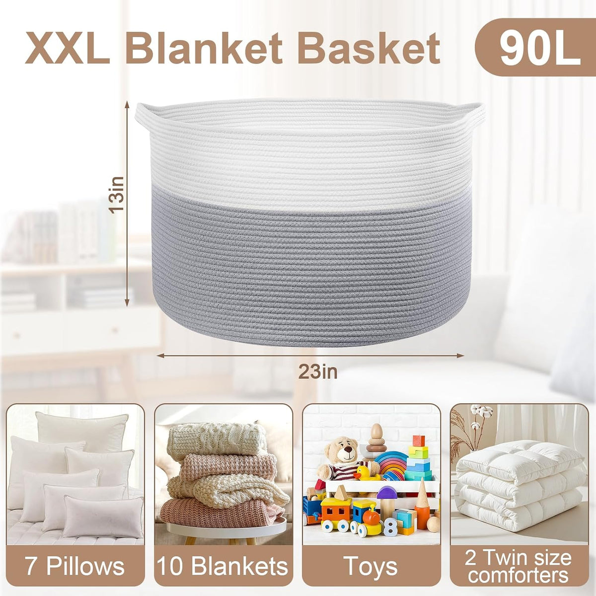 XXL Large Laundry Basket, 90L Soft Cotton Rope Basket, Blanket Storage and Organizers, Baby Nursery Laundry Hamper, Extra Large Toys Storage Bins for Kids 23'' x 13'', White & Gray