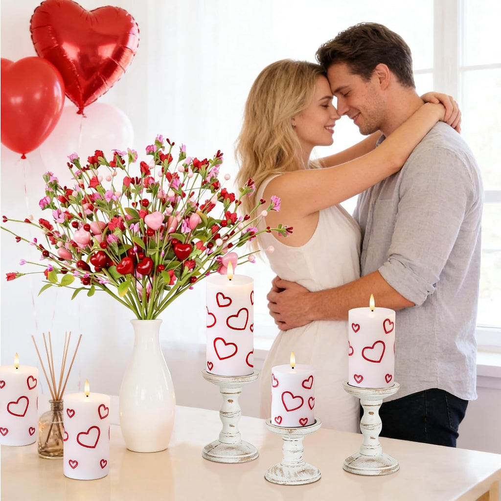 Valentines Day Heart Candles, Flameless Pillar Candles with Remote