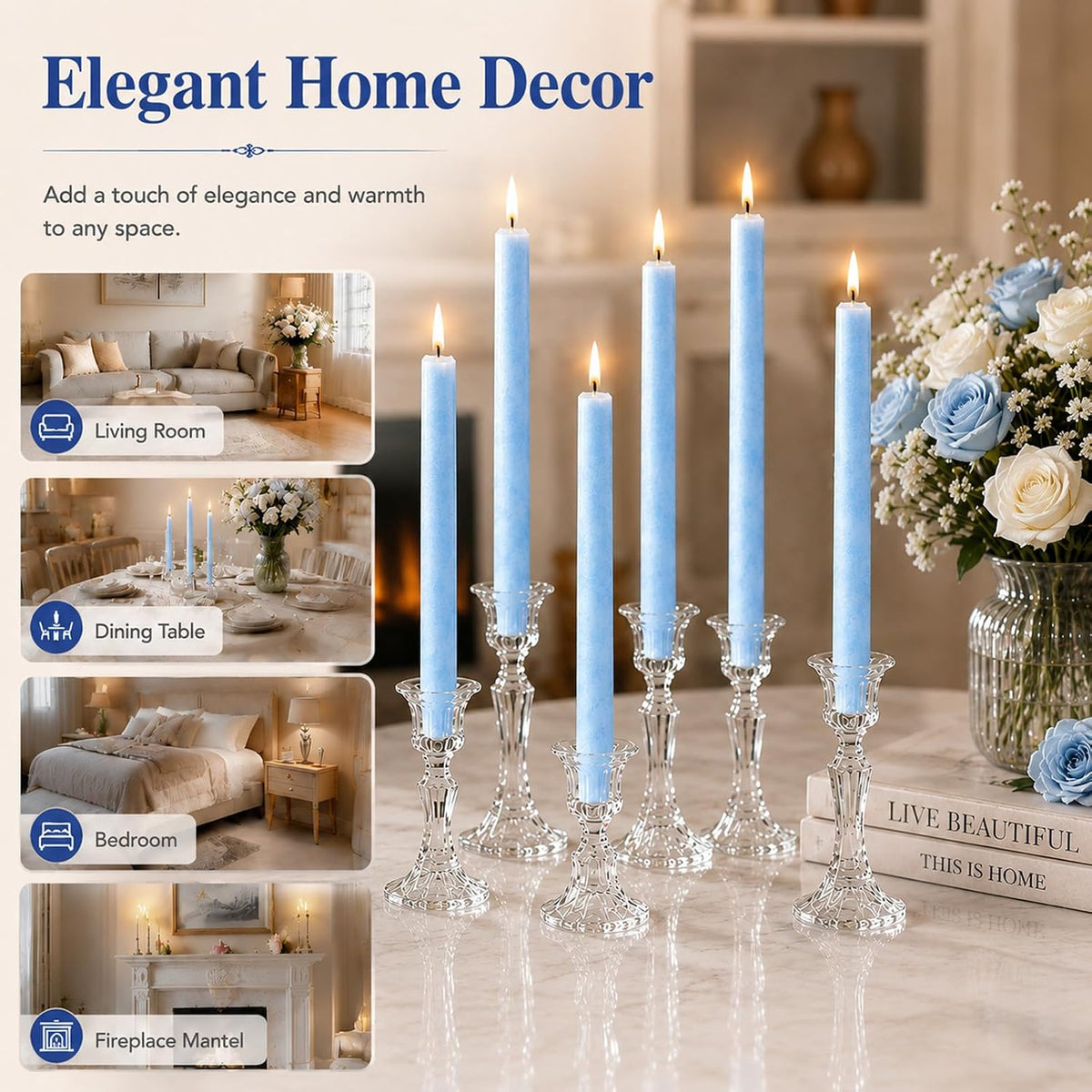 11-Hour Long Burning Ice Flower Taper Candles - 6 Pack 10 Inch Unscented Palm Wax Candlesticks - Natural Crystalline Texture, Smokeless & Dripless for Wedding, Dinner, Vigil, Blue