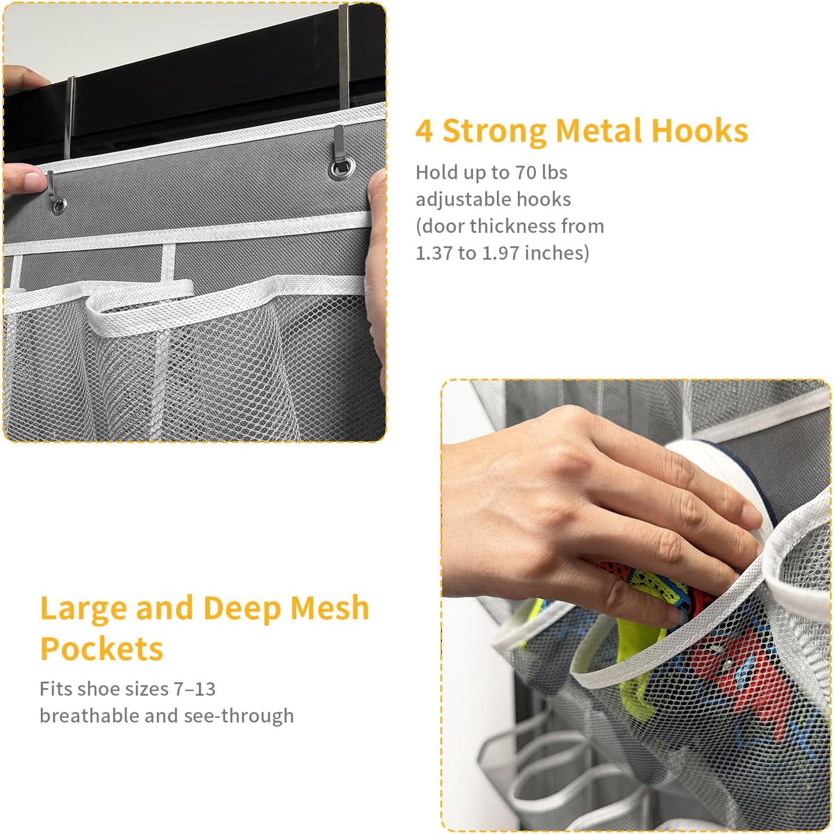 SAVERHO 40 Large Pockets Over the Door Shoe Organizer,Space-Saving Mesh Hanging Shoe Rack for Door Shoe Holder Large Size 76.4" x 27.5" Ideal for Closet & Door Storage (Grey)