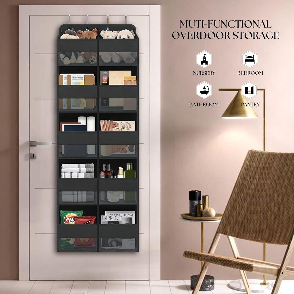Black Over Door Organizer with 10 Large Front Pockets and 6 Side Mesh Pockets, Double-Row Hanging Door Storage for Closet, Bathroom, Nursery, Bedroom, Dorm, Toys, Cosmetics, Baby Essentials