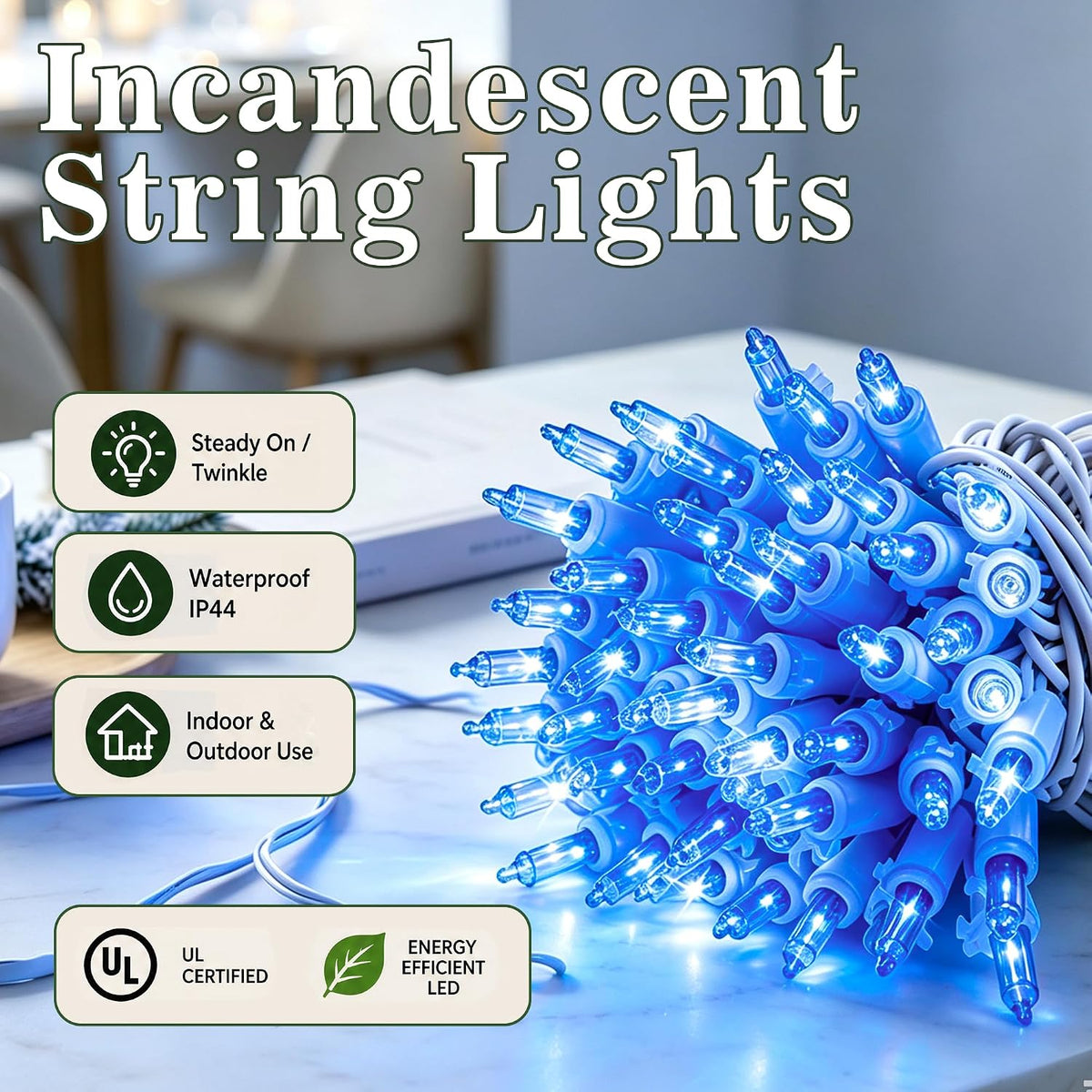 TW SHINE Christmas String Lights, 20FT 100 Count Incandescent White Wire Christmas Mini Lights, Waterproof Xmas String Lights for Outdoor Indoor Home Party Yard Decorations, Blue
