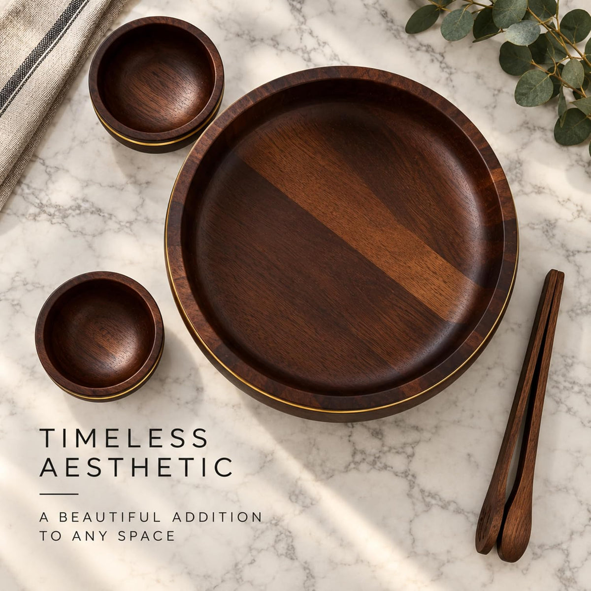 4-Piece Acacia Wooden Fruit Bowl Set for Kitchen Counter, 11-Inch Large Decorative Pedestal Bowl with 2 Matching Serving Bowls & Compact 6.7-Inch Wooden Tongs, Dark Walnut Finish
