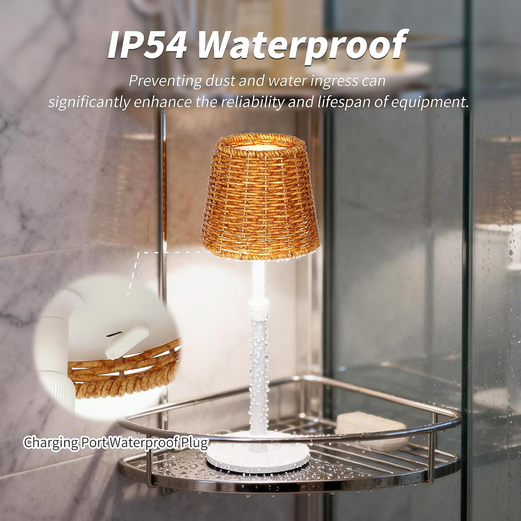 Mr.White Outdoor Waterproof Rechargeable Cordless Table Lamp with Wicker Shade, 5200mAh Battery Operated Table Light with Telescopic Pole, for Patio Restaurant Kitchen (White)