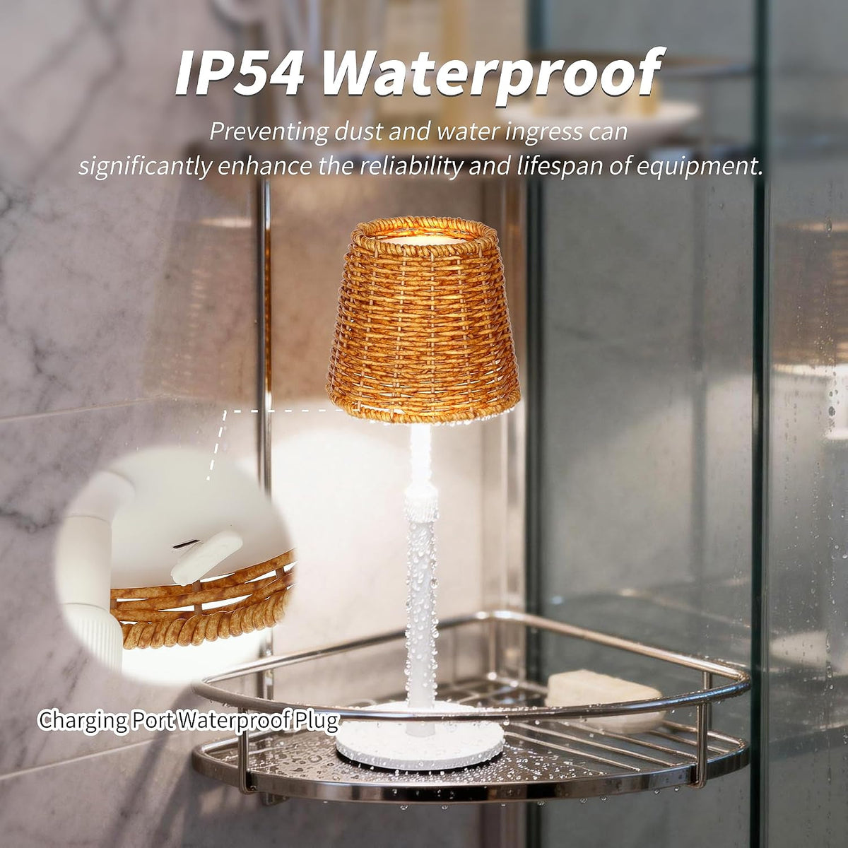 Mr.White Outdoor Waterproof Rechargeable Cordless Table Lamp with Wicker Shade, 5200mAh Battery Operated Table Light with Telescopic Pole, for Patio Restaurant Kitchen (White)