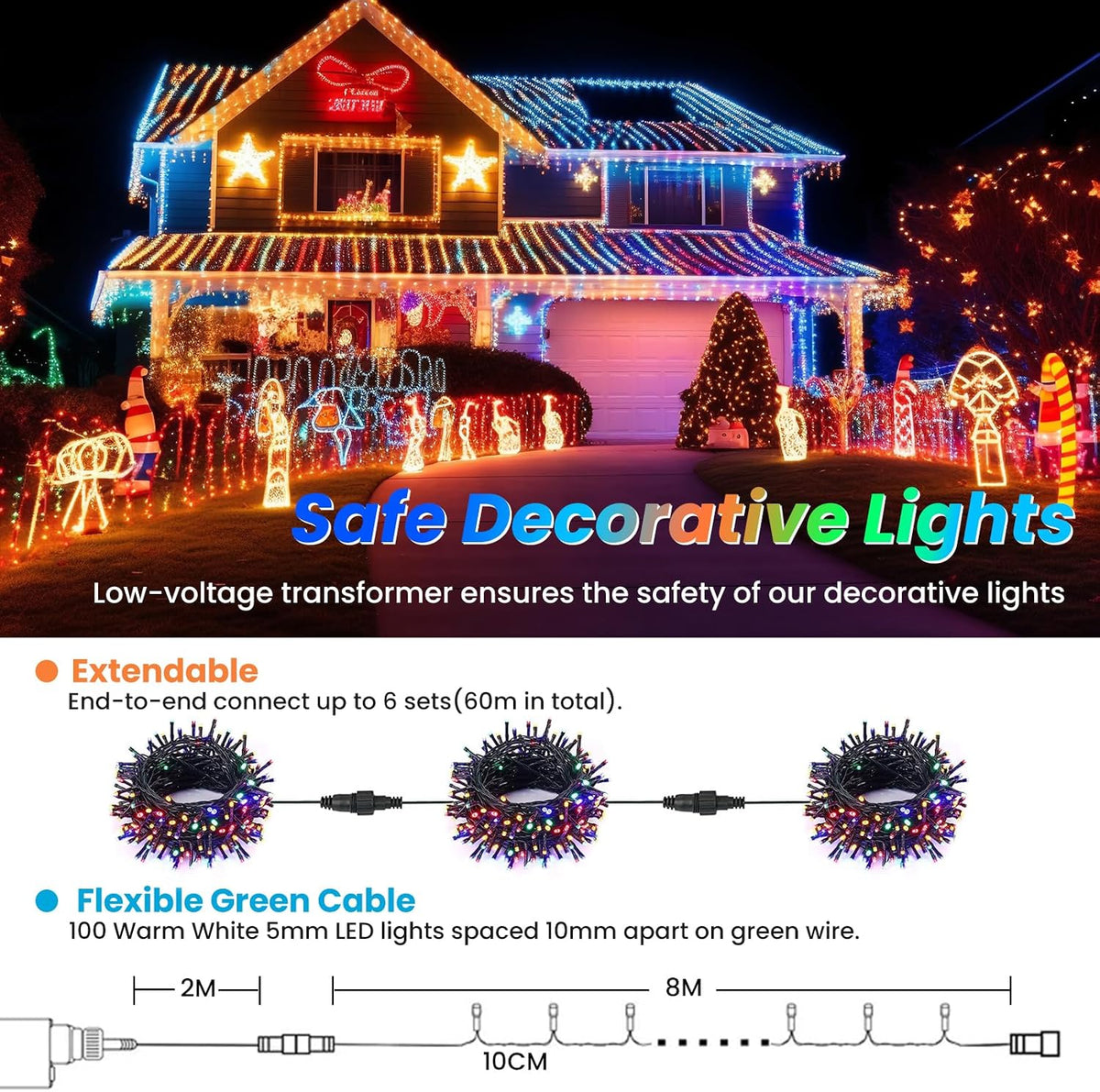 JTSIOV 32ft/10M 100LED Christmas Tree Lights, 8 Modes Outdoor Fairy Lights, Waterproof Outdoor String Lights Mains Powered for Bedroom, Garden, Party, Wedding, Christmas Decoration