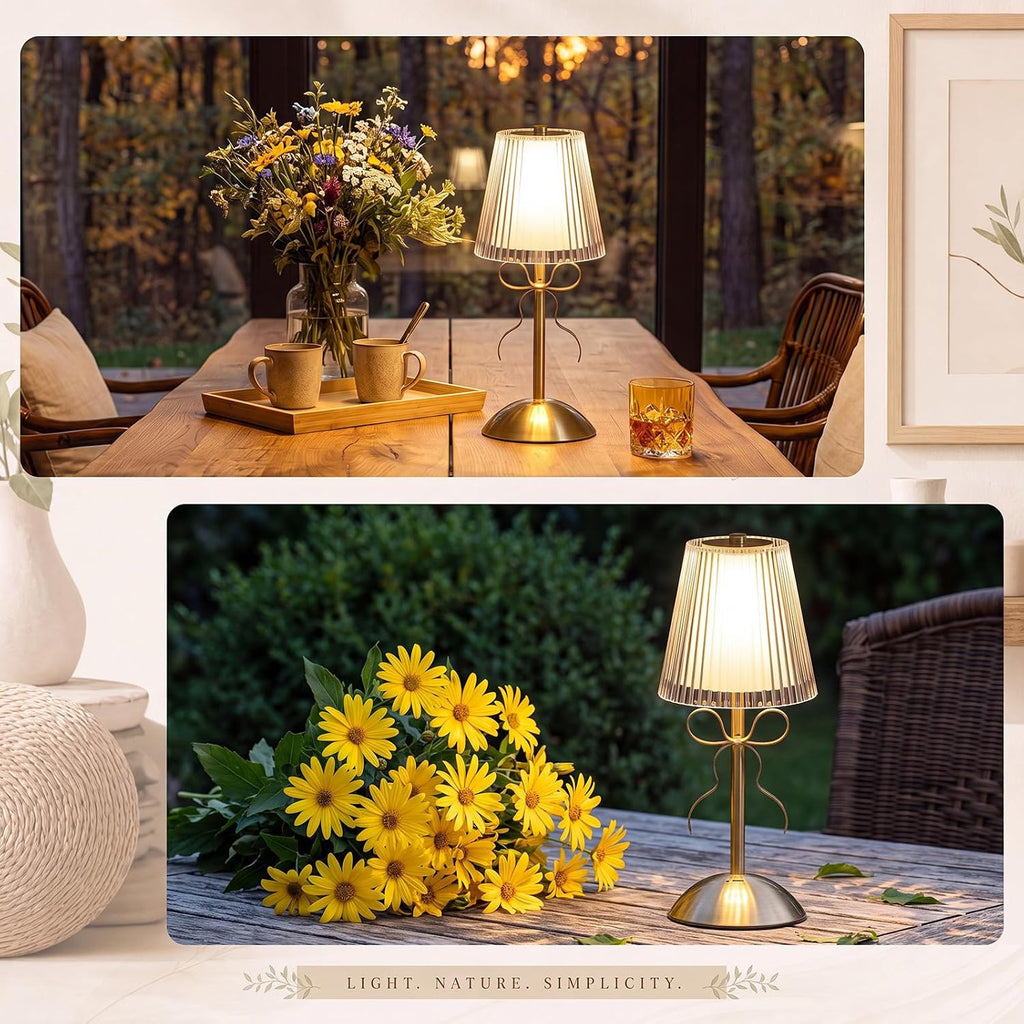 Liliful 2 Pcs Cordless Table Lamp LED Touch, Gold, Hollow Lined Style Bow