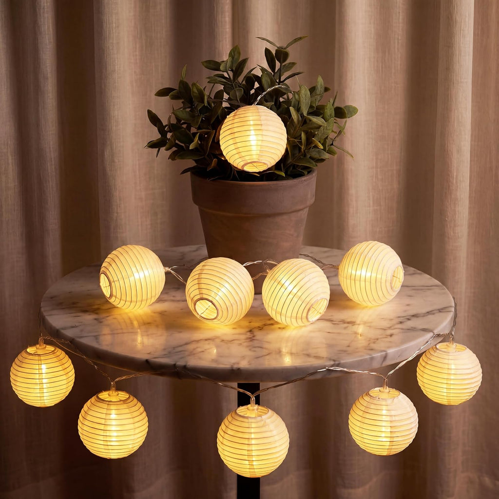 Lantern String Lights 10FT 10Leds Battery Powered, Cozy Fashionable Globe String Lights for Bedroom with Timer Room Decoration for Dorm, Plants, Bed Frame(Lanterns Need Simple Assembly)