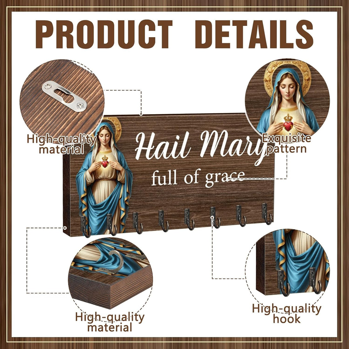 Chunful 2 Pcs Rosary Holder Wall Mounted with 16 Hooks Wooden Rosary Hanger