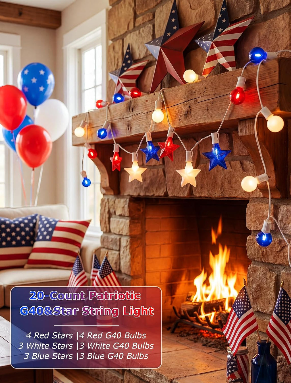4th of July Red White and Blue Lights String, 25FT 20 LED Patriotic Star G40 Globe Decorations for Independence Day Outdoor Decor, Memorial Day Fourth of July Lights for Home Window Porch, White Wire