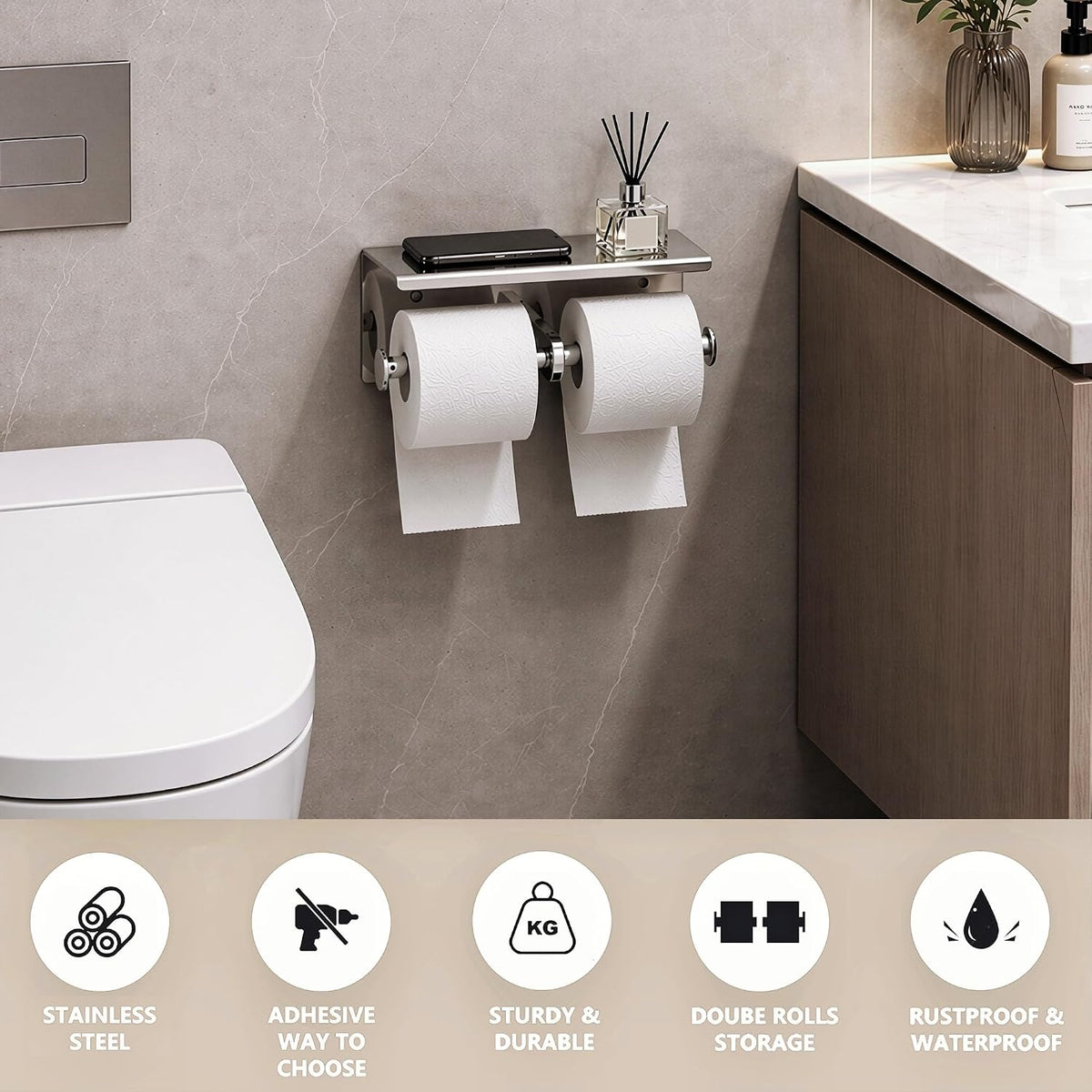 Double Toilet Paper Holder Tissue Roll Rack with Phone Storage Shelf