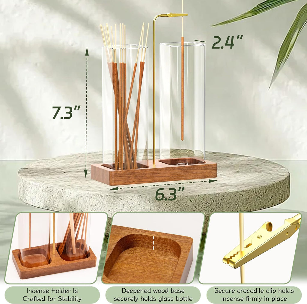 Incense Holder for Sticks, 2 in 1 Incense Burner with Glass Jars, Upside Down Incense Holder with Ash Catcher & Storage for Meditation Yoga Spa Home Decor with 20 Incense Sticks & Brush