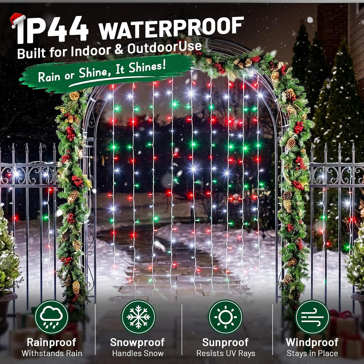 suddus 300LED Red White and Green Christmas Curtain Lights