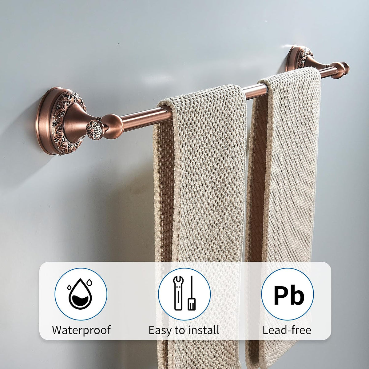 Red Copper Towel Bar, Adjustable 15.5 to 27.5 Inch Bath Towel Rack for Bathroom Towel Holder, Wall Mounted Black Bathroom Hardware Accessories,Pattern Carving Design