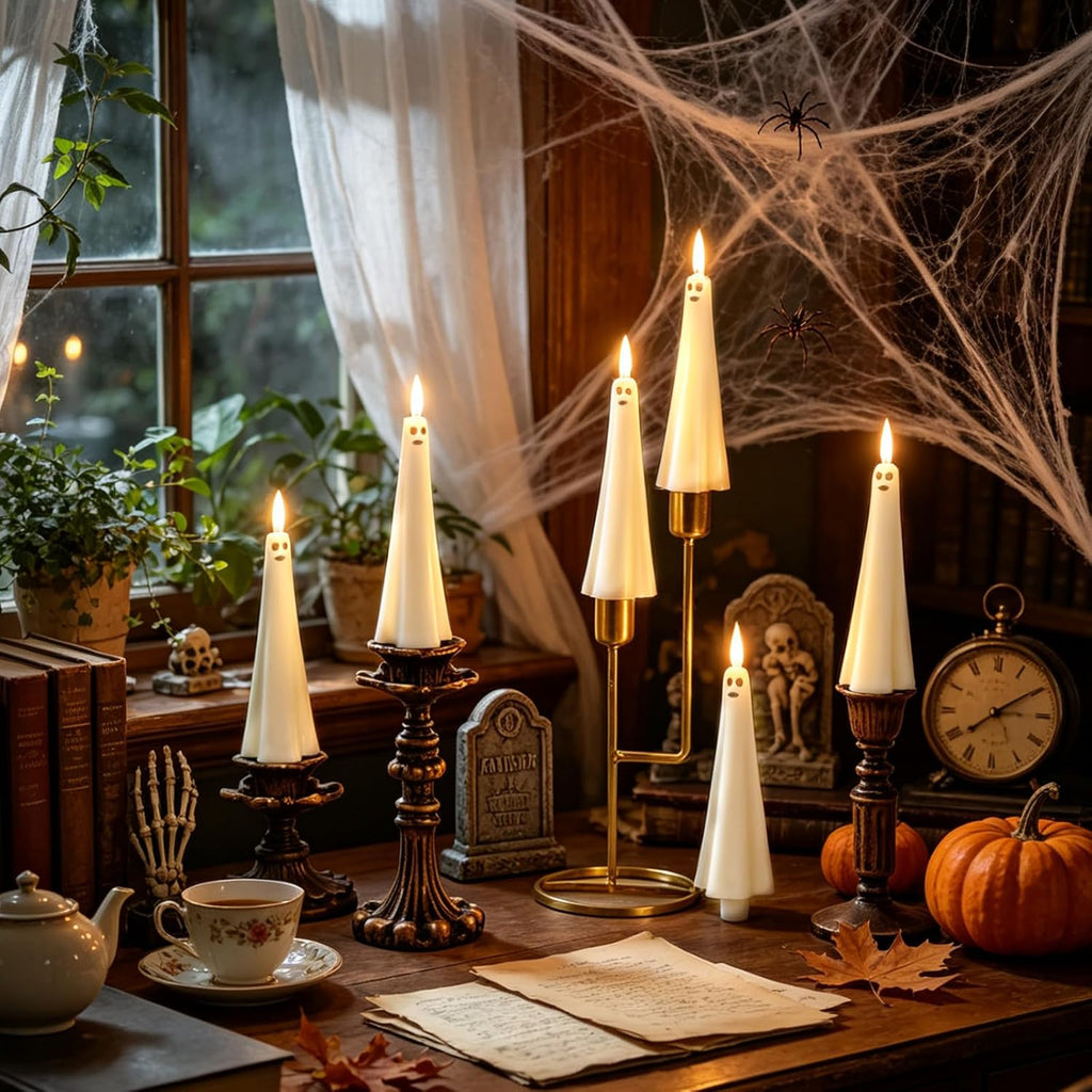 12 Pcs Halloween Ghost Flameless Floating Candles with Wand Remote Timer, Battery Operated LED Taper Candles for Hanging or Candelabra, Halloween Home Decor(White)