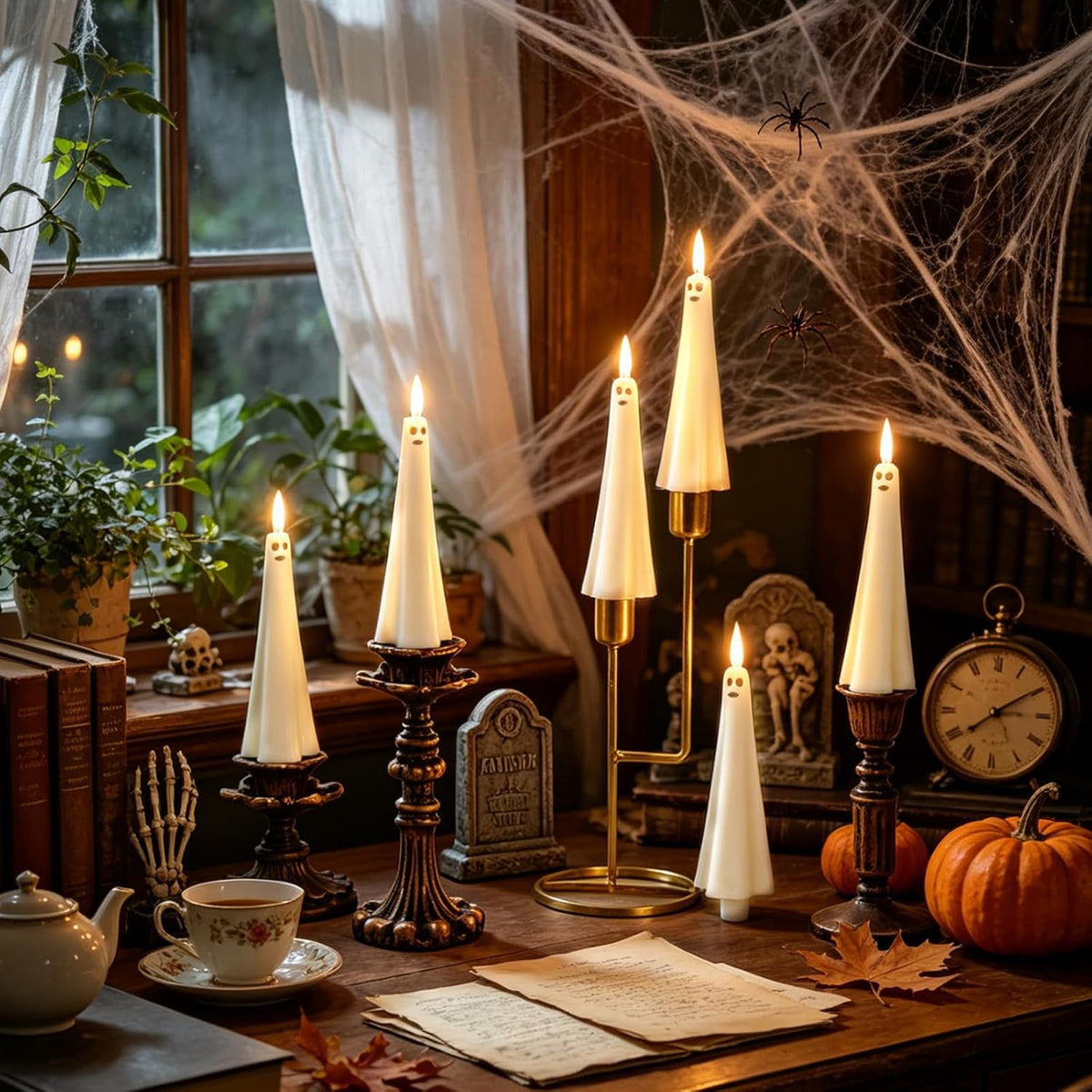 12 Pcs Halloween Ghost Flameless Floating Candles with Wand Remote Timer, Battery Operated LED Taper Candles for Hanging or Candelabra, Halloween Home Decor(White)