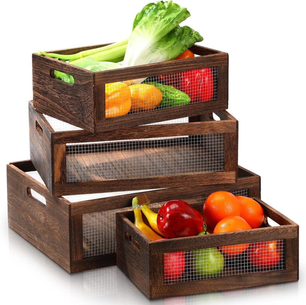 FillTouch 4 Pcs Wooden Nesting Countertop Baskets, Dark Brown, Large