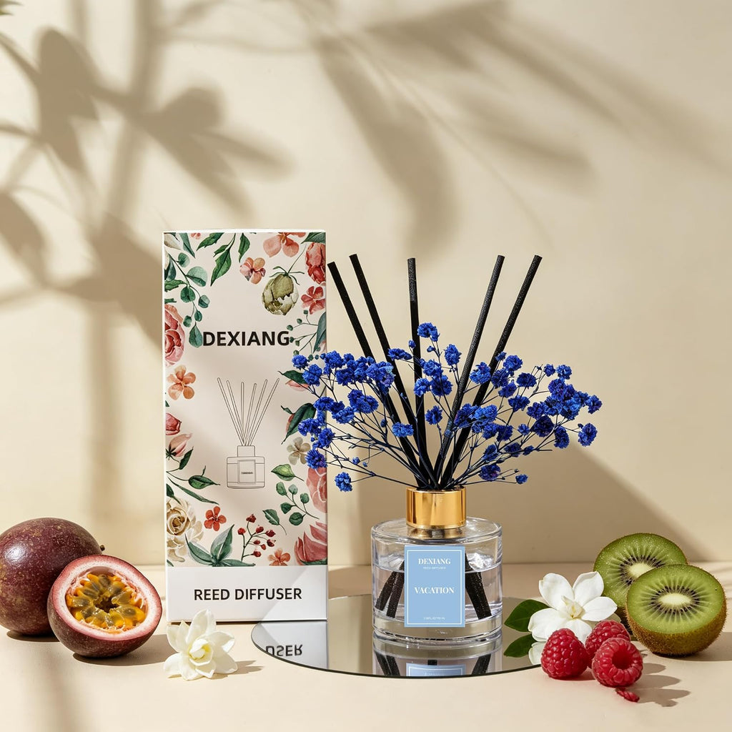 Reed Diffuser Set,3.38 fl oz (100 ml) Vacation Oil Diffusers with 6 Reed Sticks for Bathroom Shelf Decor Home Fragrance Reed Diffuser