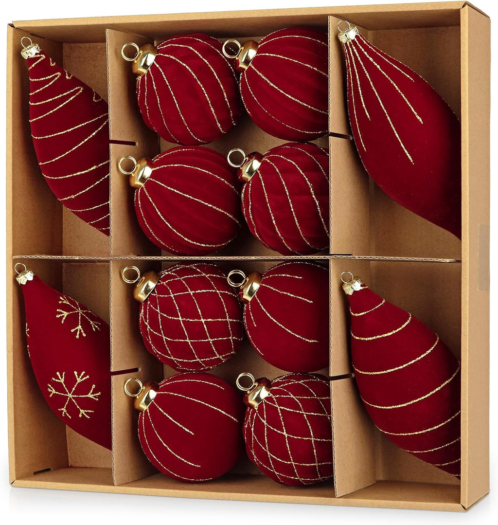 12PCS Velvet Christmas Ornaments Balls 3.15/6.6 Inch Flocked Ornament Sets Glitter Balls for Xmas Hanging Ornaments Decoration Wedding Party Holiday Decor - Classic Red