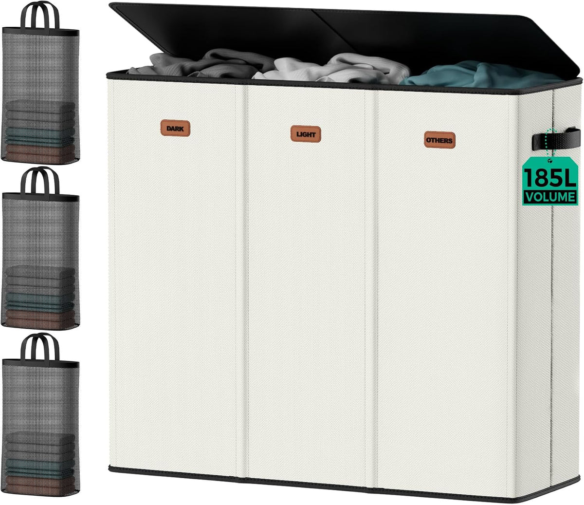185L Laundry Hamper 3 Section with Lid & Removable Bags | Collapsible laundry basket organizer for laundry room, bedroom & dorm with 3 removable washing bags