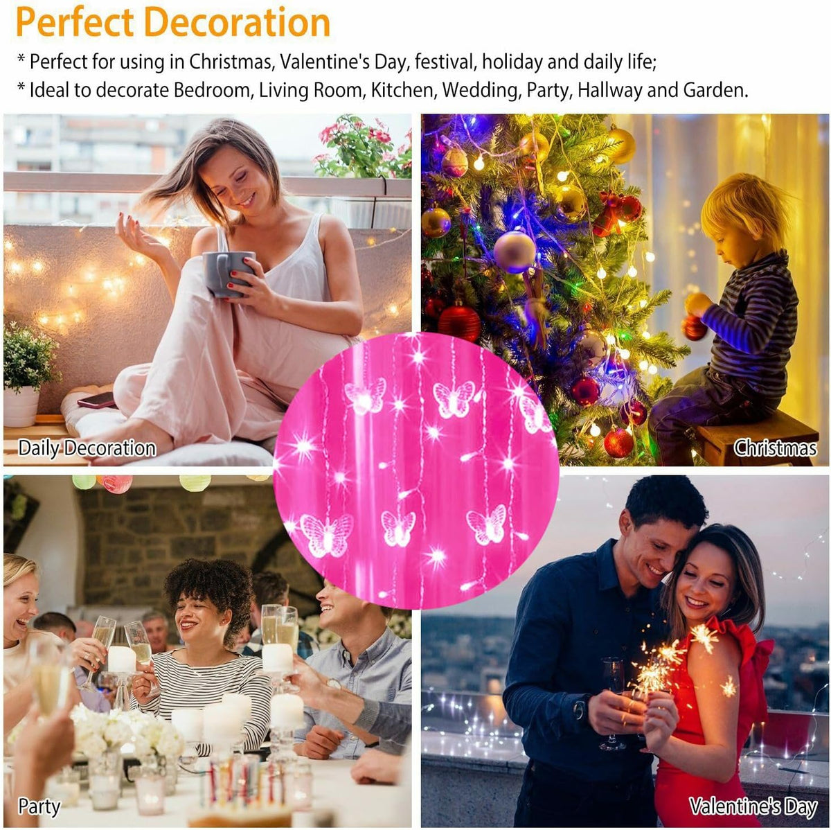 Lainin USB Powered String Light 13FT 96LED Curtain Light 18 Butterflies Strings 8 Mode Fairy Light Strip for Party Indoor Outdoor Room Garden Wall Wedding Christmas Xmas Decorations (Pink)