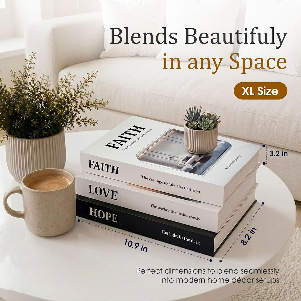 Decorative Faux Books for Home Decor, Fake Books Set of 3, Faith, Love & Hope Themed, Coffee Table, Shelf, Mantle Display