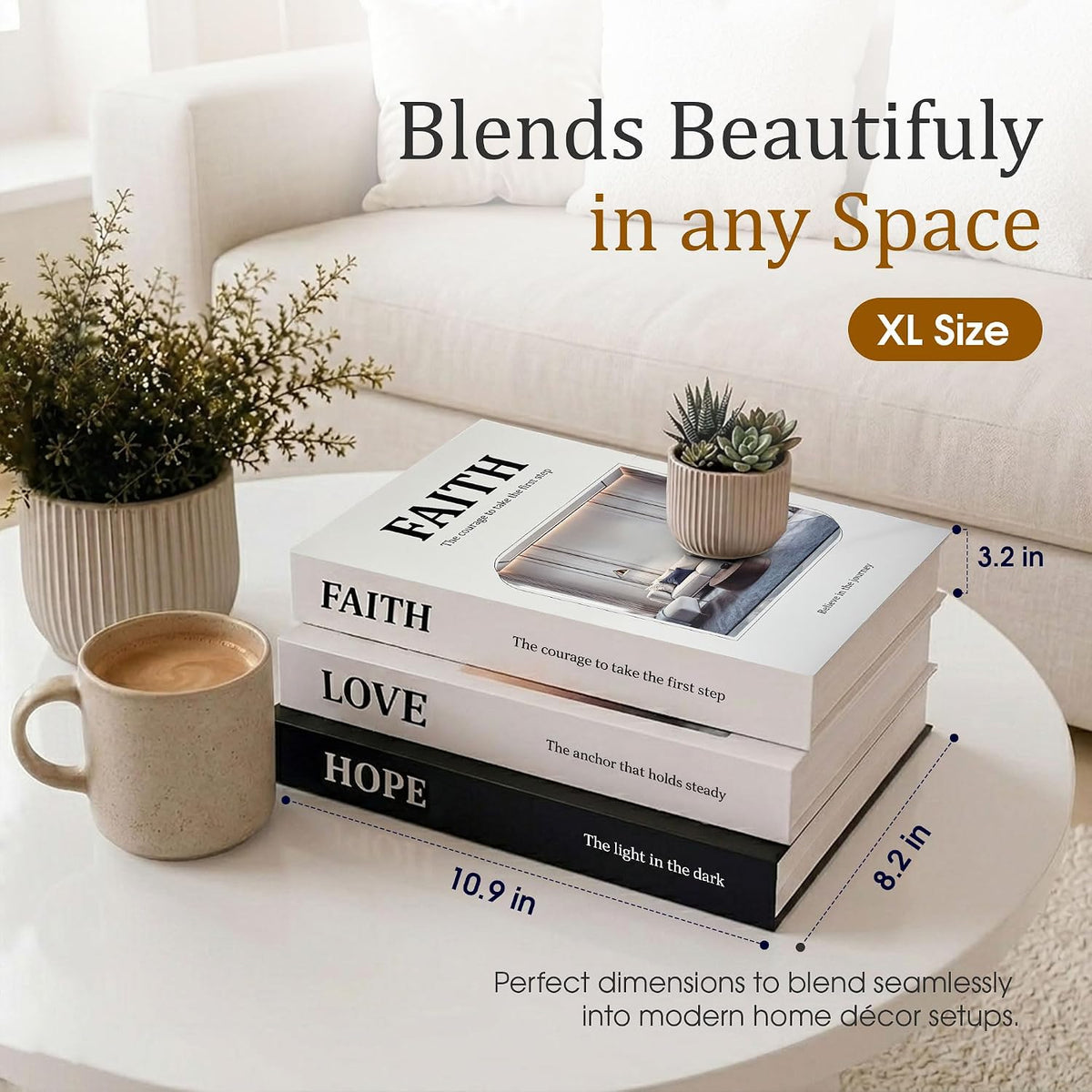 Decorative Faux Books for Home Decor, Fake Books Set of 3, Faith, Love & Hope Themed, Coffee Table, Shelf, Mantle Display