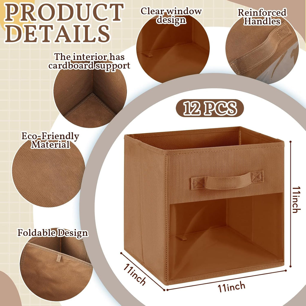 Marsui 12 Pcs Clear Cube Storage Bins Collapsible Fabric for Kids, Brown
