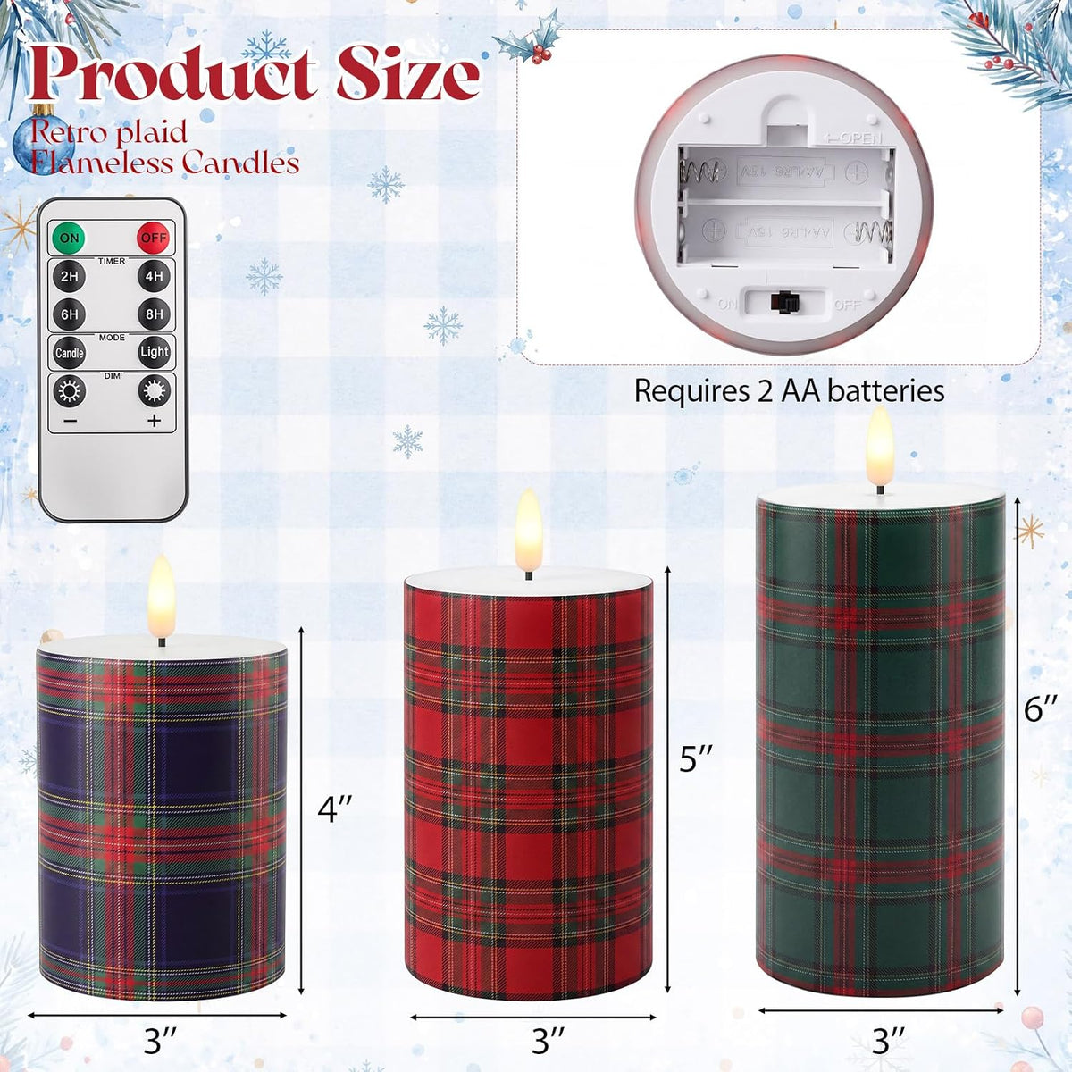 Retisee 3 Pcs Christmas Flameless Candles Real Wax Plaid LED Candles 4/5/6"