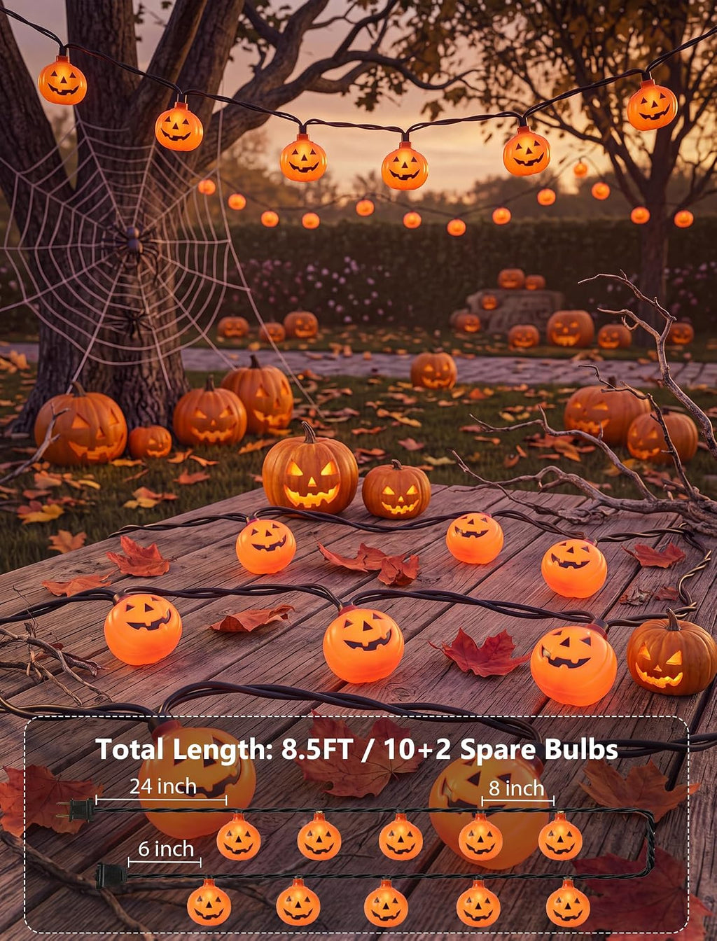 Halloween String Lights, 8.5Ft LED Pumpkin Lights String Lights Plug in, 10 Pumpkin String Light Connectable Indoor/Outdoor Halloween Decorations