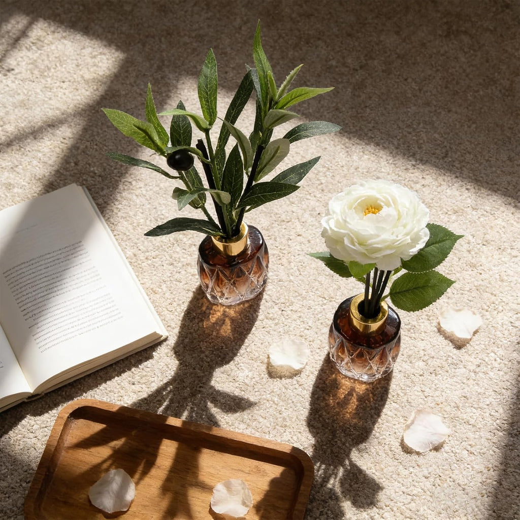 2Pcs Empty Reed Diffuser Glass Bottle Set with Artificial Plant Decor