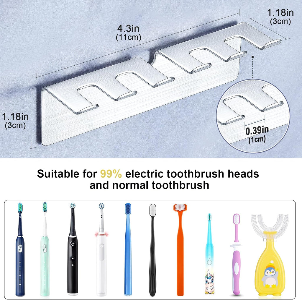 Toothbrush Holder, Electric Toothbrush Head Holder Wall Mounted Non Screw, Metal Toothbrush Holders for Bathroom, Self Adhesive Tooth Brush Holder Toothbrush Organiser (Silver, Medium)