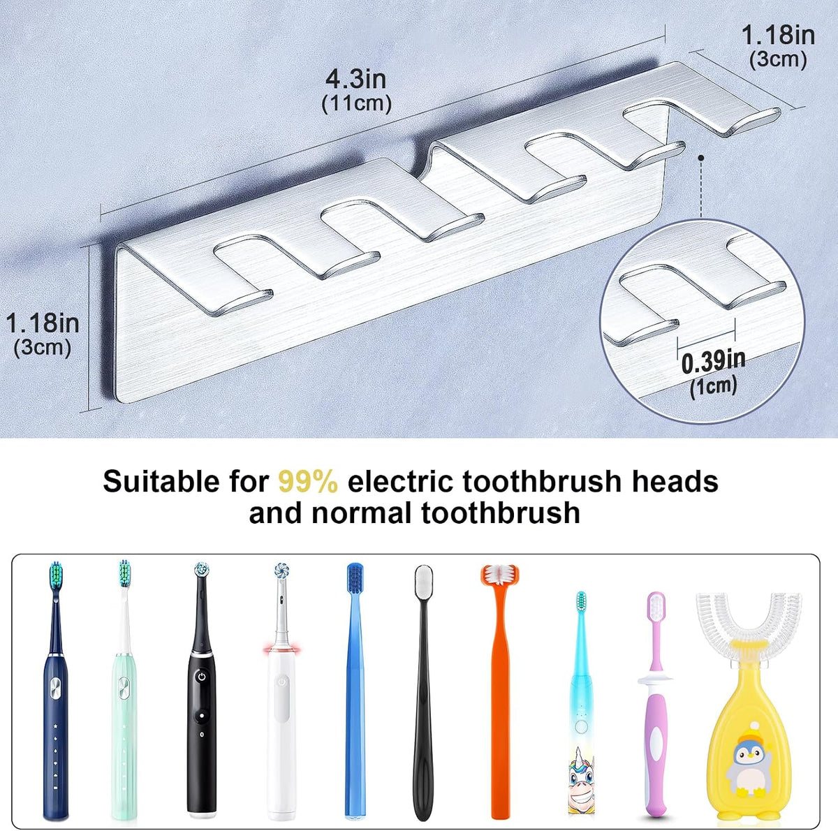 Toothbrush Holder, Electric Toothbrush Head Holder Wall Mounted Non Screw, Metal Toothbrush Holders for Bathroom, Self Adhesive Tooth Brush Holder Toothbrush Organiser (Silver, Medium)