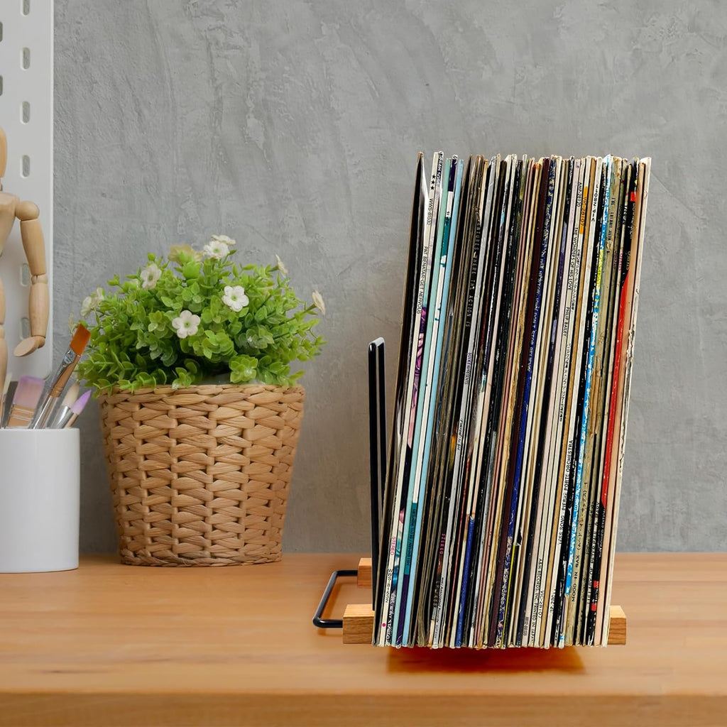 40 LP Vinyl Record Storage Solid Cherry Wood Vinyl Record Holder (Iron)