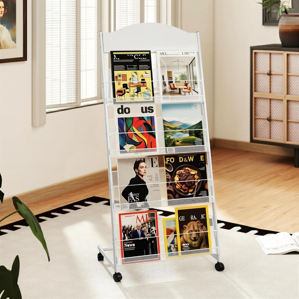 lesolar Floor-Standing Magazine Rack, 4-tier Newspaper Holder with Wheels