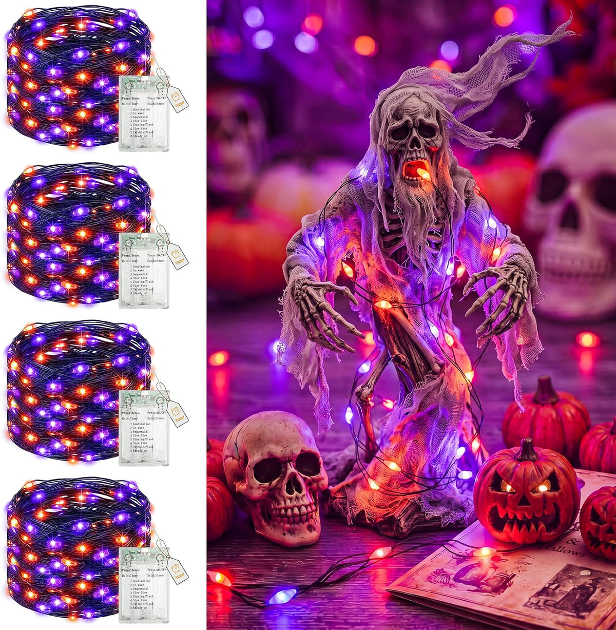 btfarm 4 Pack Halloween Fairy Lights Battery Operated Timer, Orange Purple