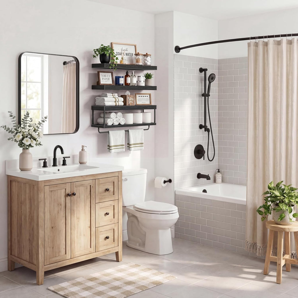 QEEIG Long Bathroom Floating Shelves Over Toilet (Black, Set of 3, 23.6")
