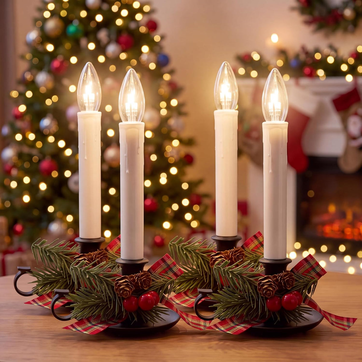 4PK Christmtas Window Candle Light, 10" LED Antique Black Candlestick
