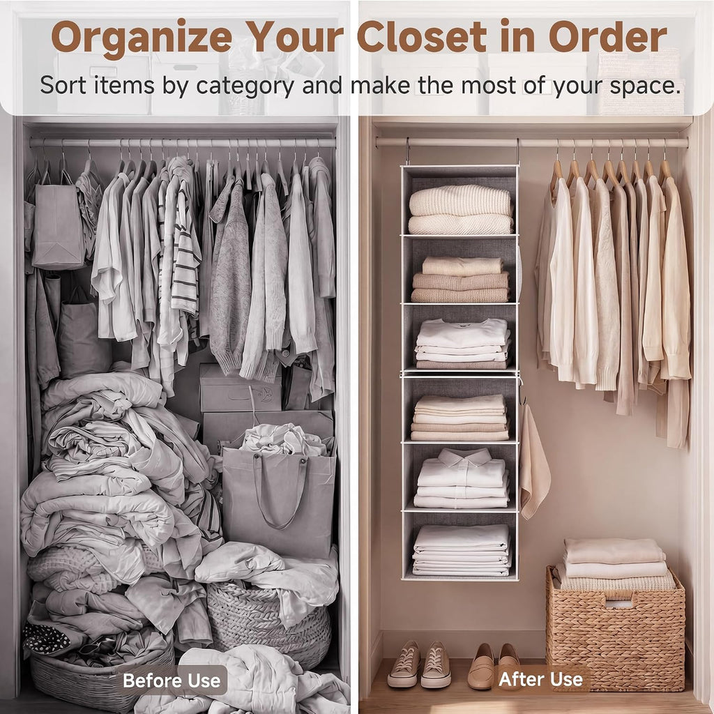 StorageWorks Hanging Closet Organizer, 6-Shelf with 2-in-1 Design, Gray