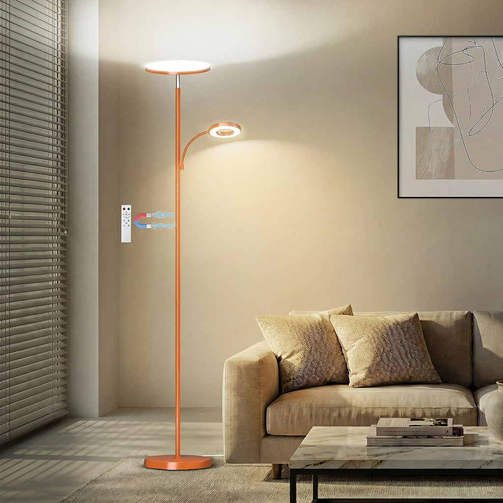marctronic Orange Floor Lamp, 42W 4000LM Super Bright LED Lamp with Reading Light for Living Room Bedroom Office, Touch Control, Dimmable Standing Lamp with Remote
