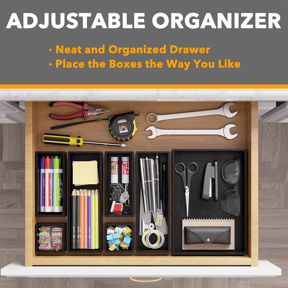 SpaceAid 7-Piece Bamboo Drawer Organizer Storage Boxes Set, Wood Tray Junk Drawer Organizers Multi-Use Divider Bins for Kitchen, Bathroom, Office Desk and Makeup Organization (7 Pack, Black)