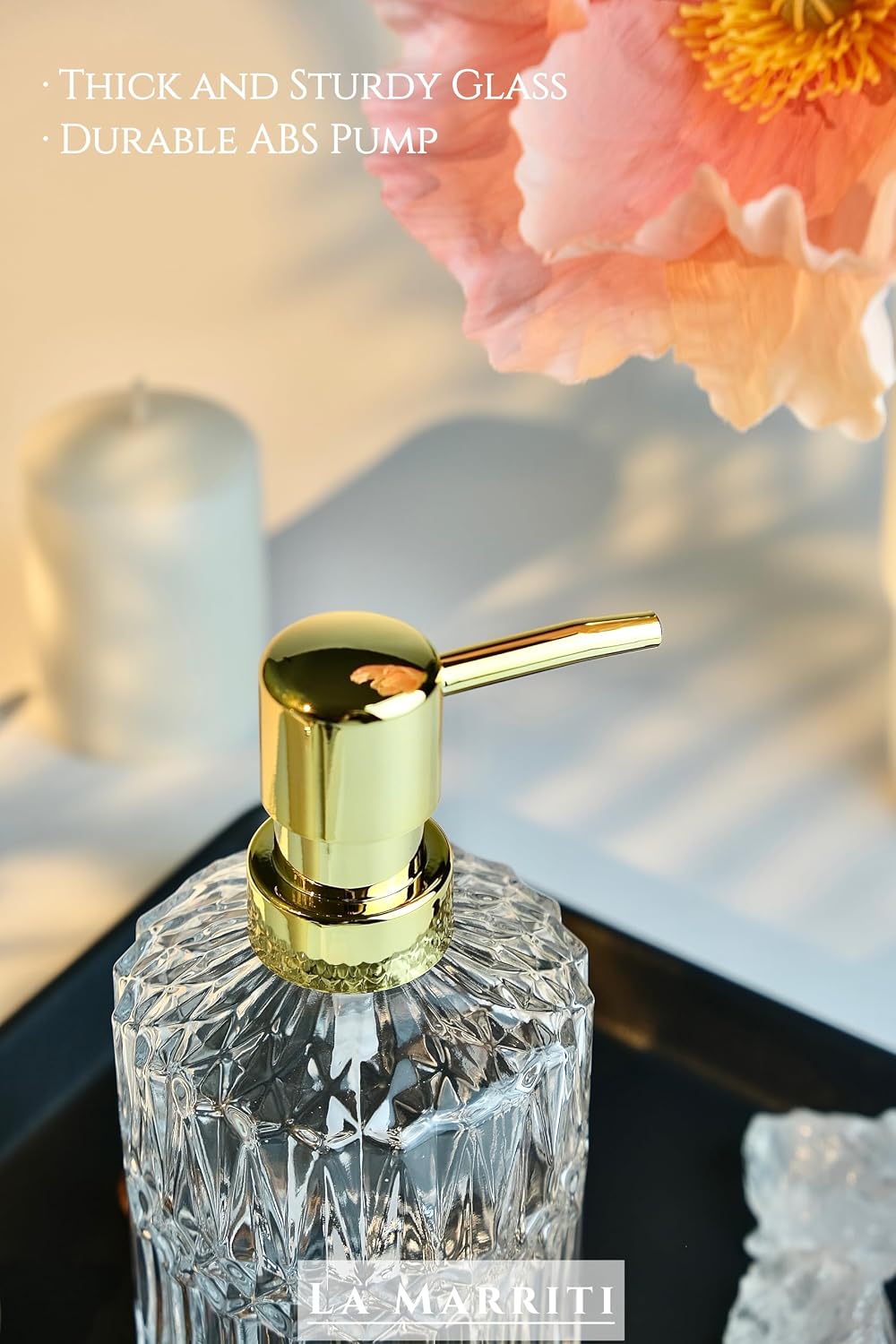 LaMarriti Glass Soap Dispenser with Rust Proof Pump, 13.5 Oz Clear Refillable Hand Lotion Dispenser for Bathroom Countertop and Kitchen, Crystal Vintage Bathroom Accessories, Bathroom Decor