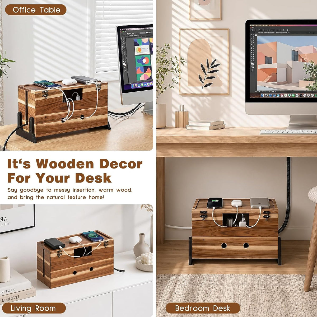 Extra Large Cable Management Box, 14.2-Inch Acacia Wood Cord Hider Box with Dual Locks and Magnetic Lid, Power Strip Cover and Cable Organizer for Desk, Floor, TV Wires and Home Office