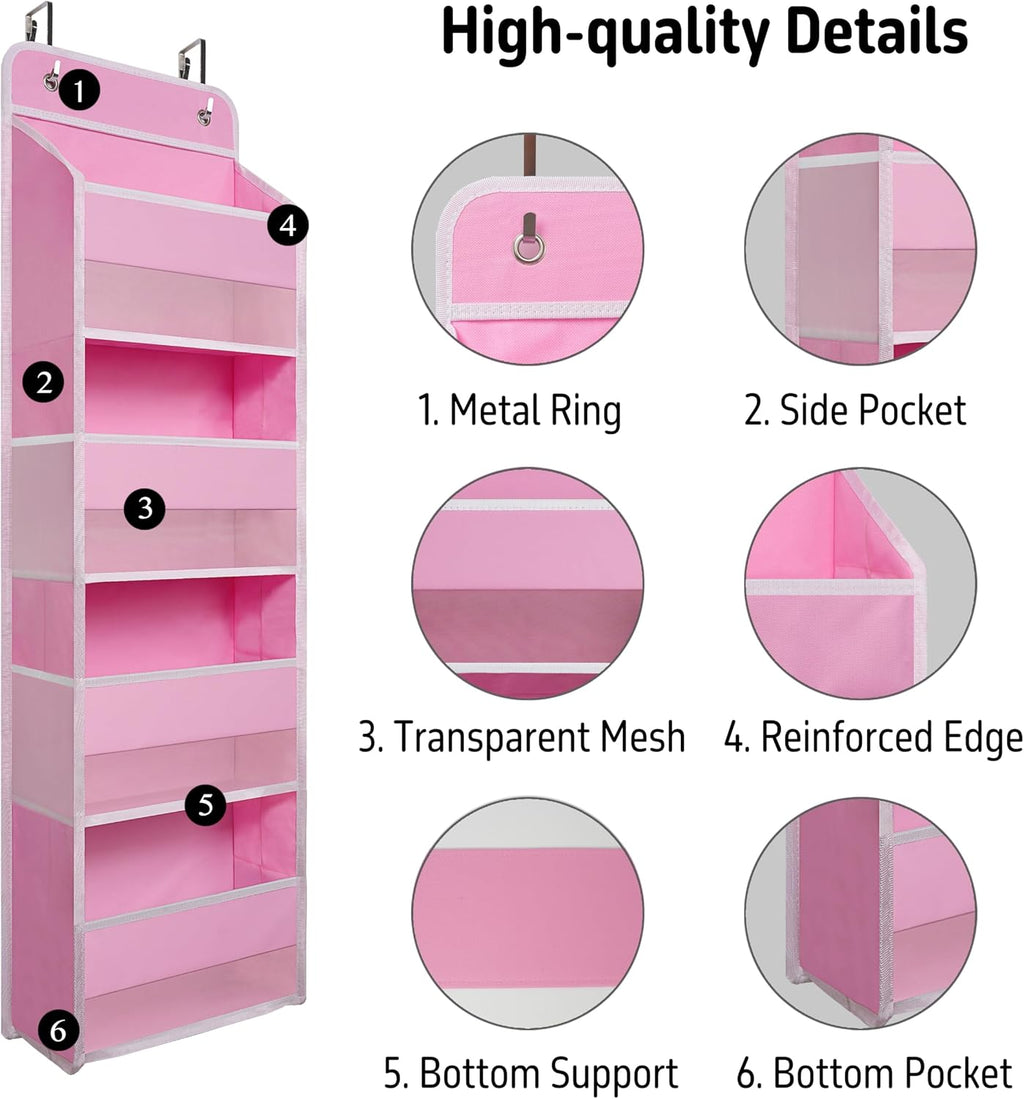 TYMENSH Over the Door Organizer for Bedroom Bathroom Pantry, 4 Shelf Pink