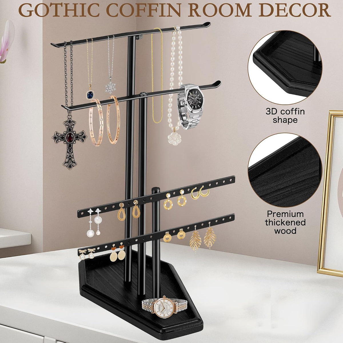 Gothic Jewelry Towers Goth Coffin Decor Earring Ring Bracelet Holder 4-Tier