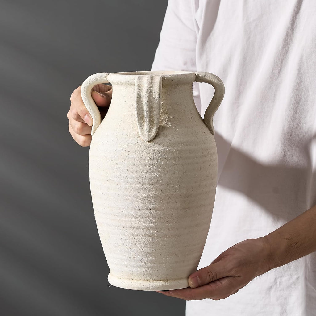 Emotionally Grounded Vase, Vaseking Large Ceramic Rustic Vase with 4 Handles, 10.83 inch Minimalist Decorative Farmhouse Tall Vases for Home Decor, Living Room, Enterway, Table Decoration, Fossil