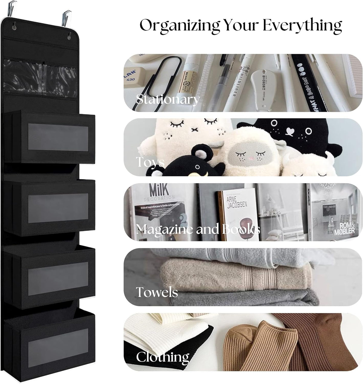 GCreation Over Door Organizer for Bedroom Bathroom Pantry, 5 Shelf Black