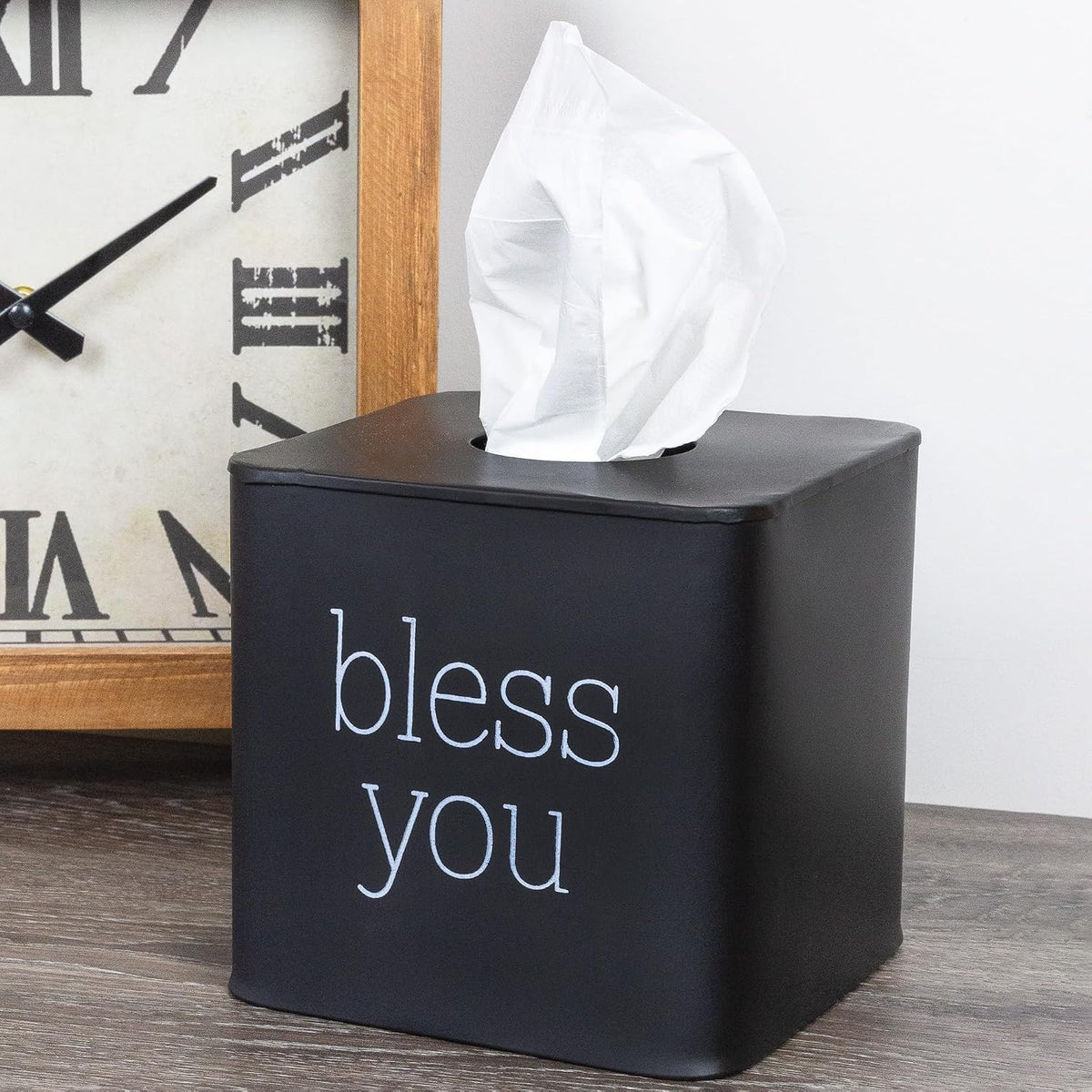 AuldHome Design Square Tissue Box Cover (Black); Modern Farmhouse Enamelware Tissue Holder